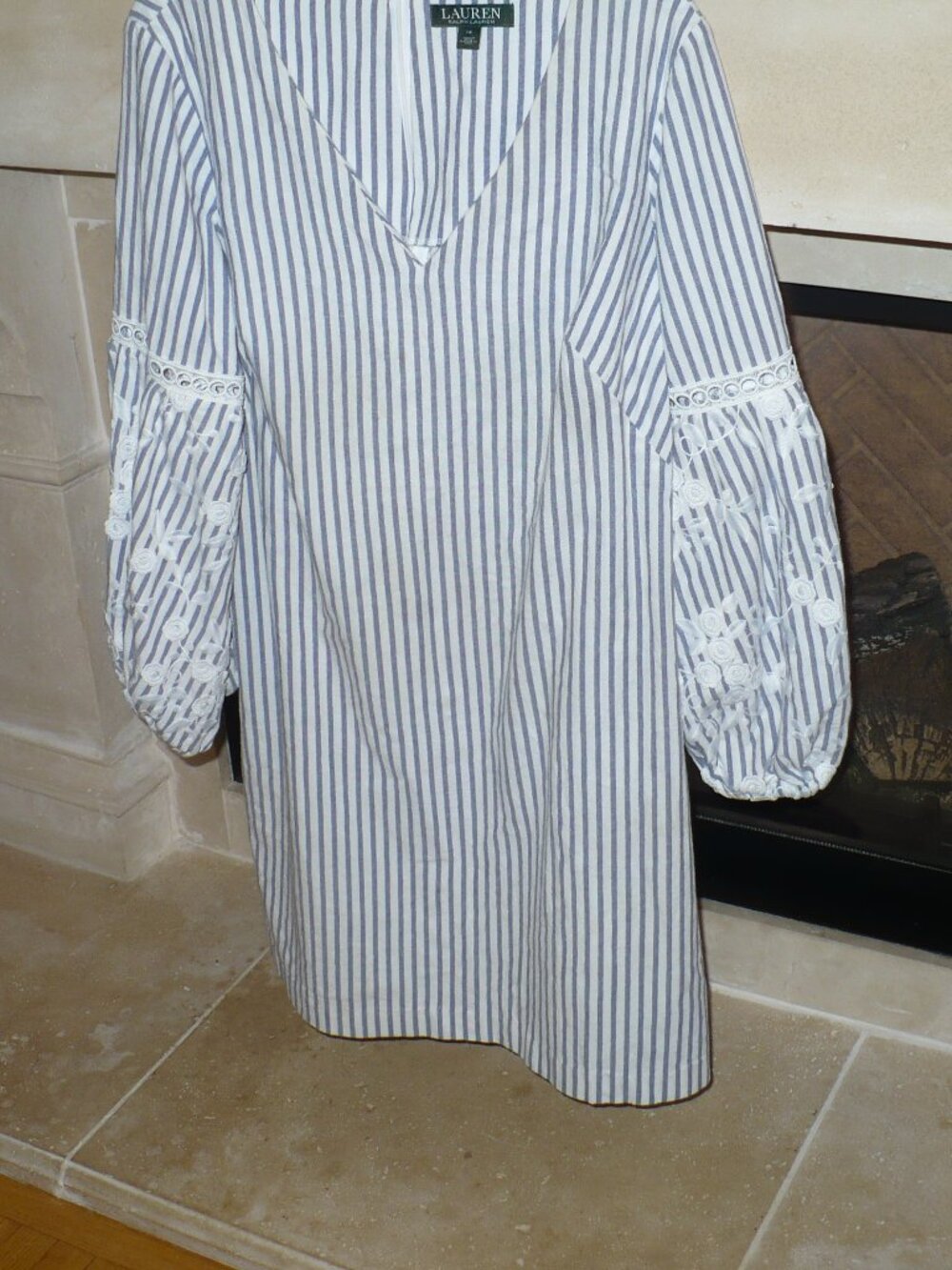 RALPH LAUREN COTTON STRIPED DRESS WITH LACE ARM DETAIL